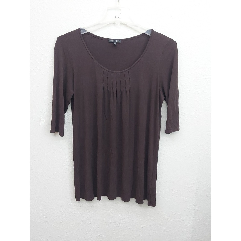 Eileen Fisher Top Large Burgundy SILK tunic Pin‎ Tuck Front 3/4 Sleeve Stretch